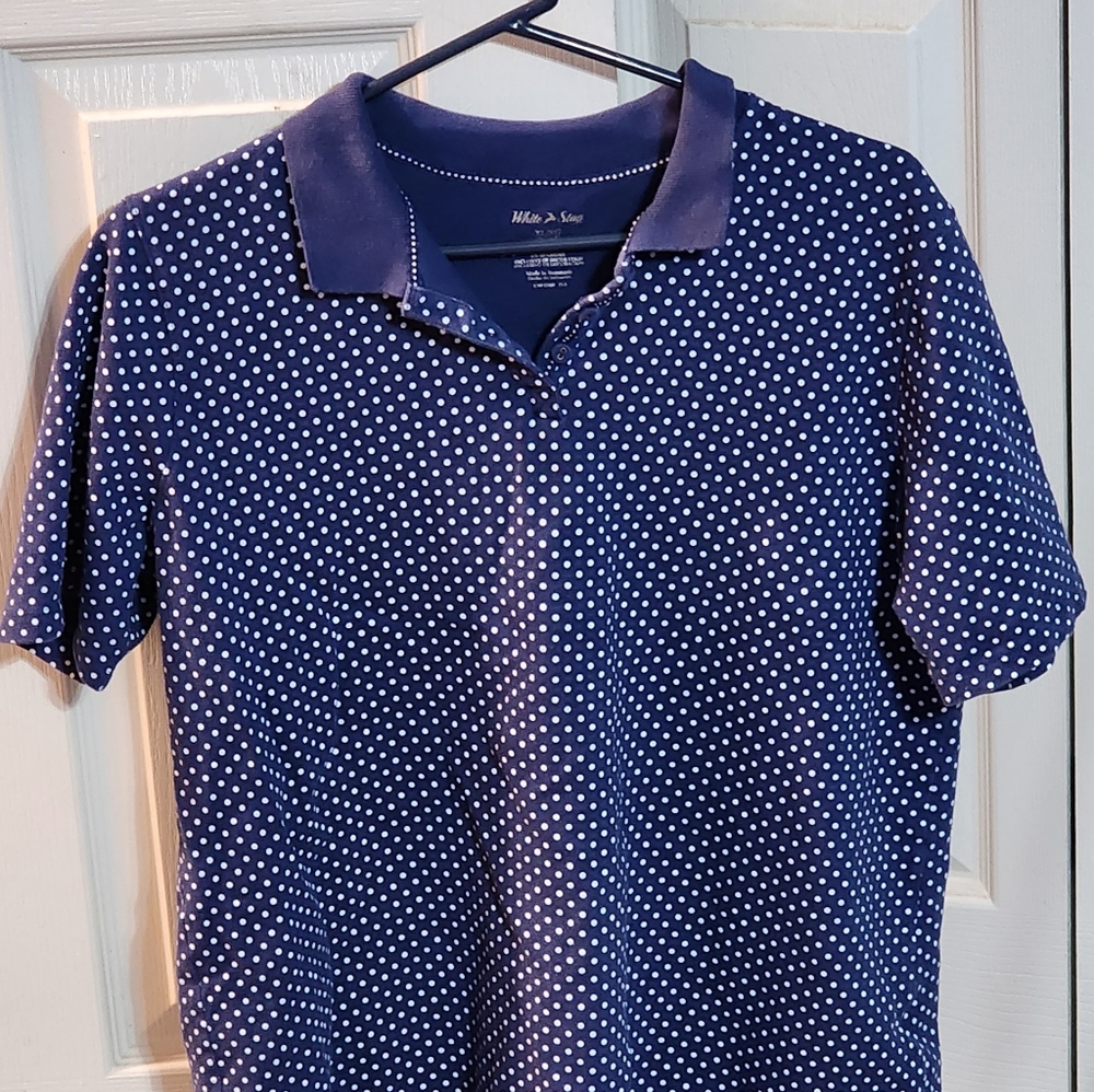 Ladies White Stag Navy Polka Dot shirt
